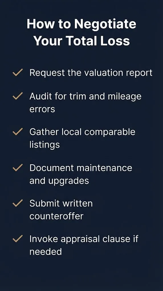 Checklist for negotiating a total loss settlement in 2026 with six evidence-based steps.