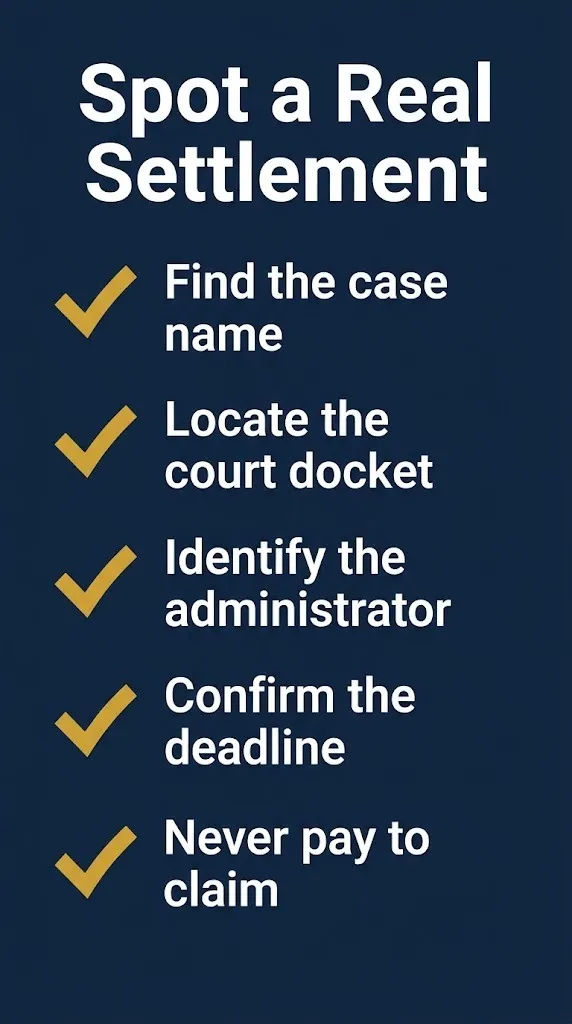 Checklist for spotting a real settlement versus a fake ancient settlement offer.