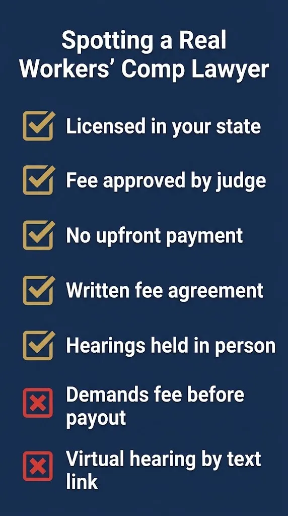 Checklist for spotting a real workers compensation law firm versus a scam in 2026.