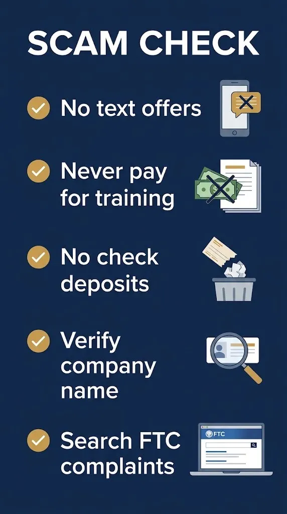 Checklist for spotting fake remote debt settlement jobs no text offers, no fees, no check deposits.
