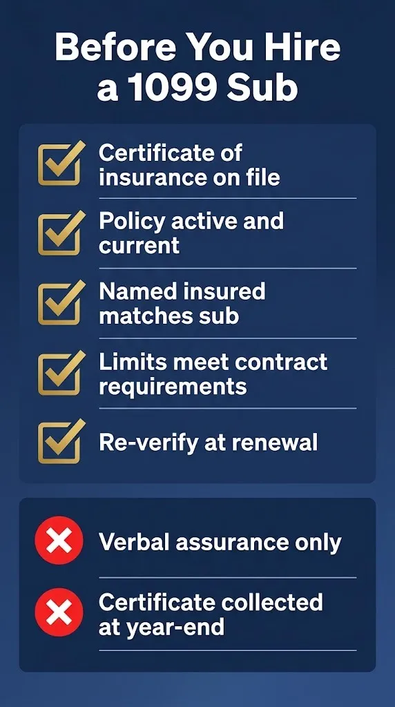 Checklist for verifying 1099 subcontractor workers compensation coverage in 2026.
