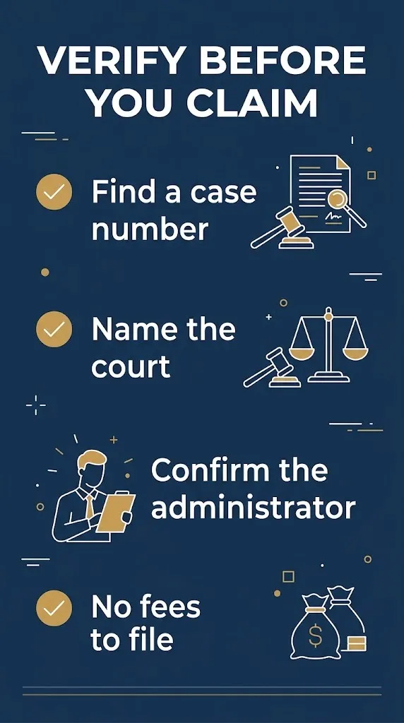Checklist for verifying a differential settlement claim case number, court, administrator, no fees.