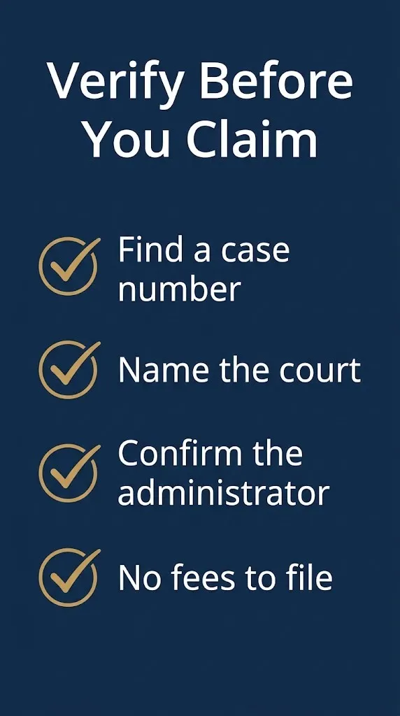 Checklist for verifying an Evexipel lawsuit claim case number, court, administrator, no filing fees.