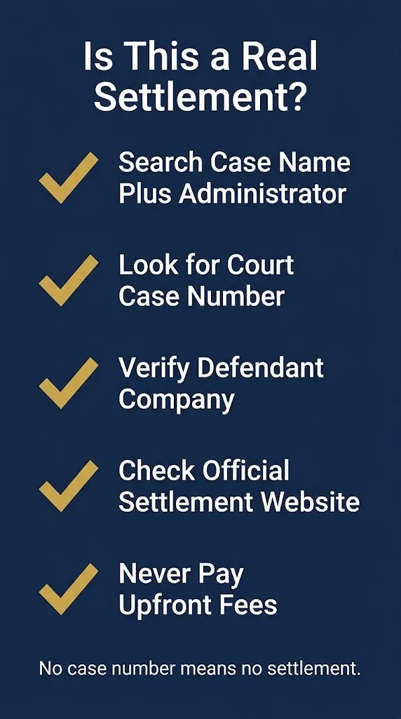 Checklist for verifying if a settlement is real, showing case number and administrator search steps.