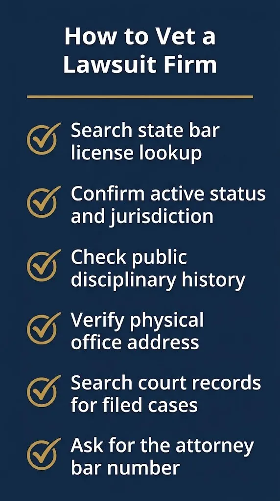 Checklist for vetting a lawsuit firm including bar license lookup and disciplinary history checks.