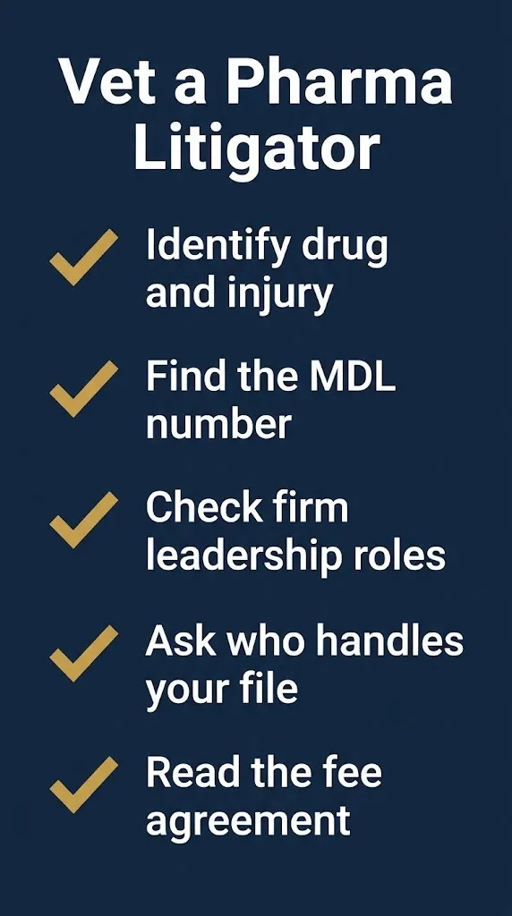 Checklist for vetting a pharmaceutical litigation attorney including MDL and fee checks.