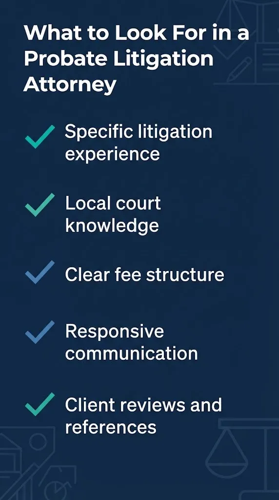Checklist graphic for choosing a probate litigation attorney with five key evaluation criteria.