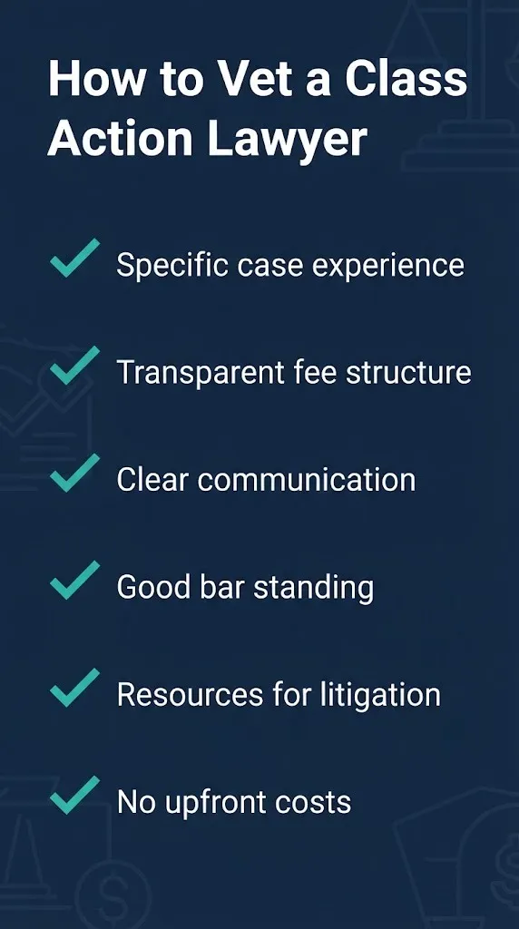 Checklist graphic for vetting a class action lawyer with six key evaluation criteria for 2026.
