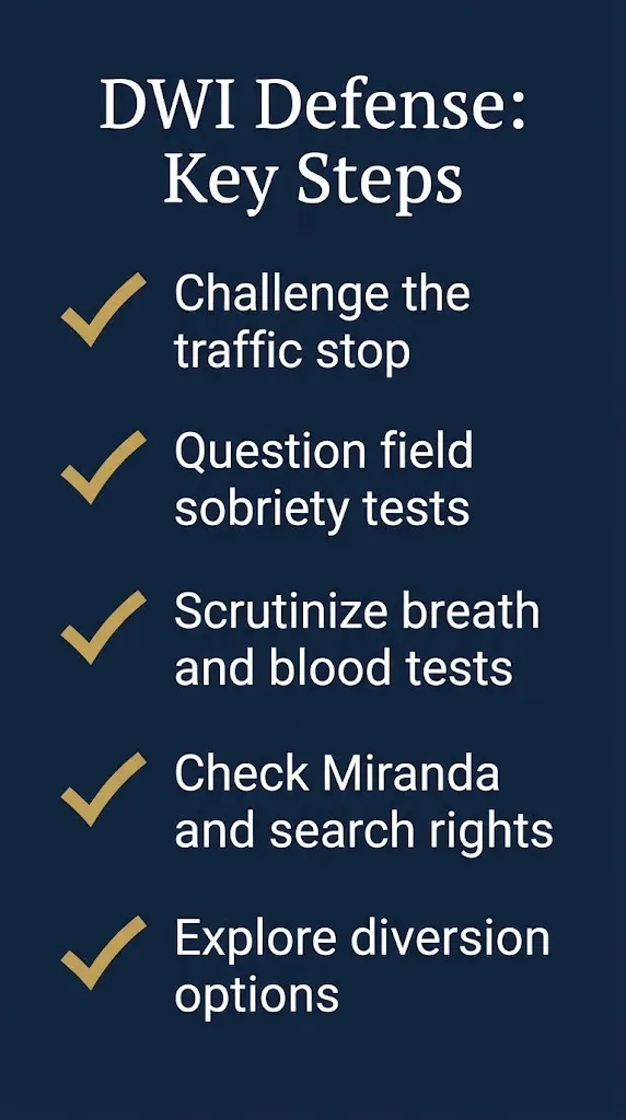 Checklist of DWI defense steps including challenging stops and chemical tests.
