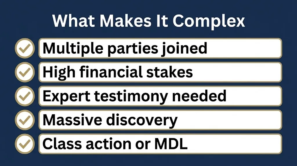 Checklist of complex civil litigation factors including multiple parties, high stakes, and MDL status.