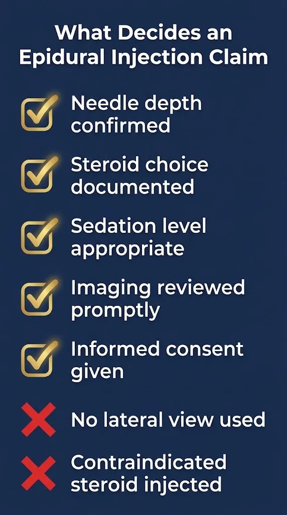Checklist of factors deciding a 3 epidural injection settlement claim in 2026.