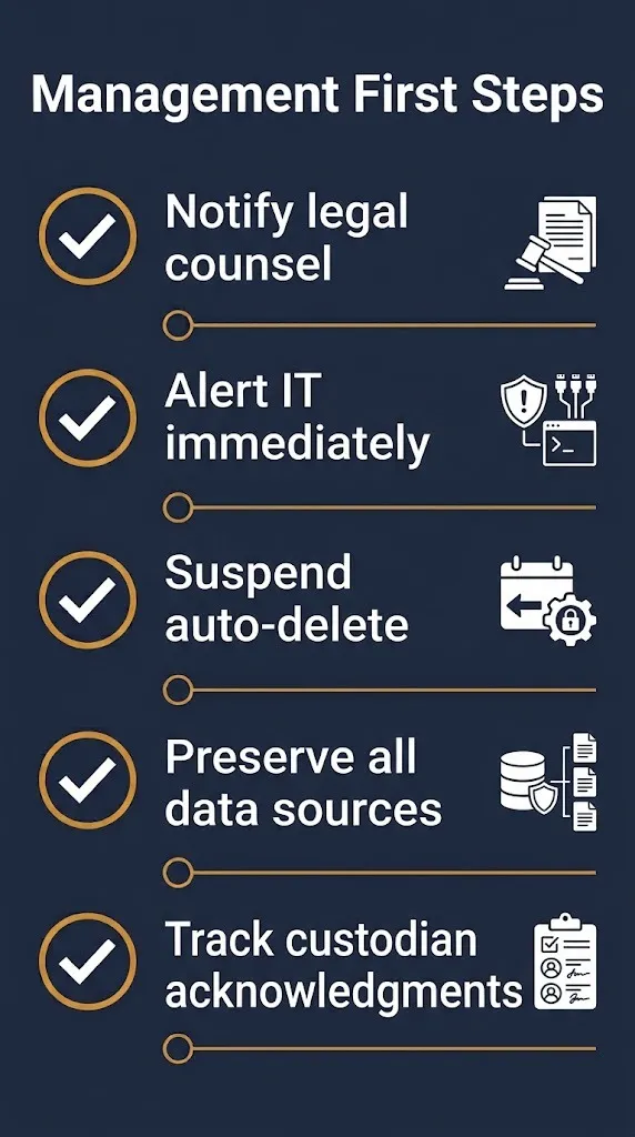 Checklist of first steps management should take when a litigation hold is received.