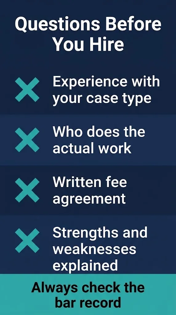 Checklist of four questions to ask a litigation attorney before hiring, including fees and experience.