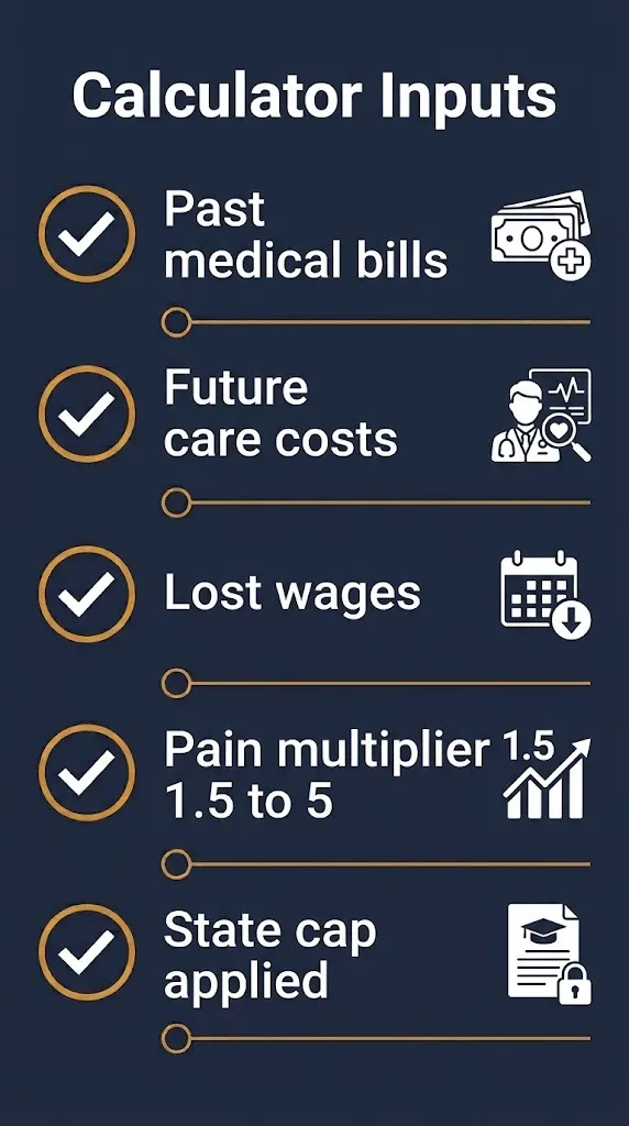 Checklist of inputs used in a medical malpractice settlement calculator in 2026.