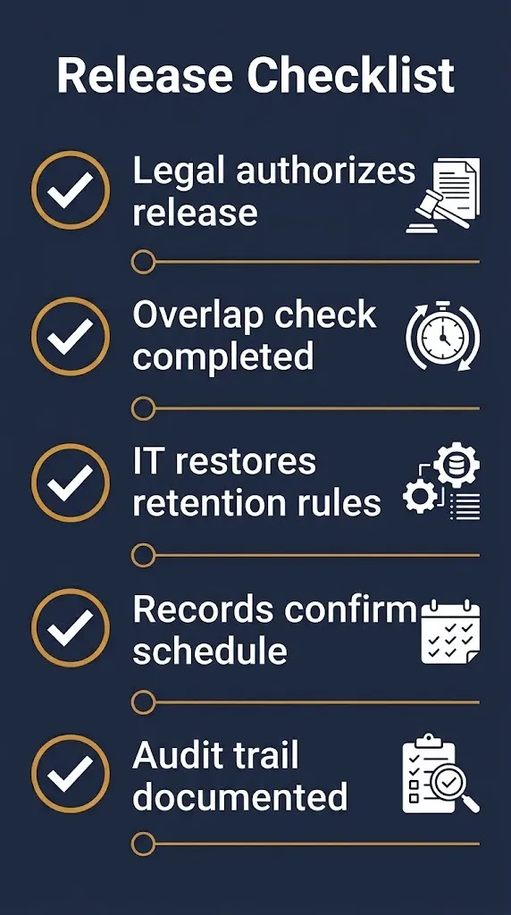 Checklist of resources and steps required when a litigation hold is lifted in 2026.