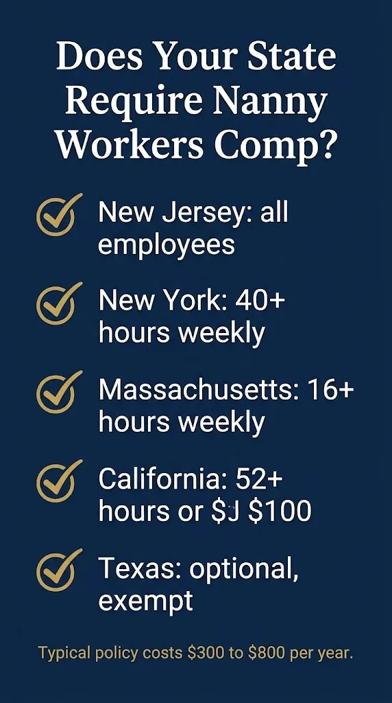 Checklist of state triggers for nanny workers compensation insurance with hours and wage thresholds.