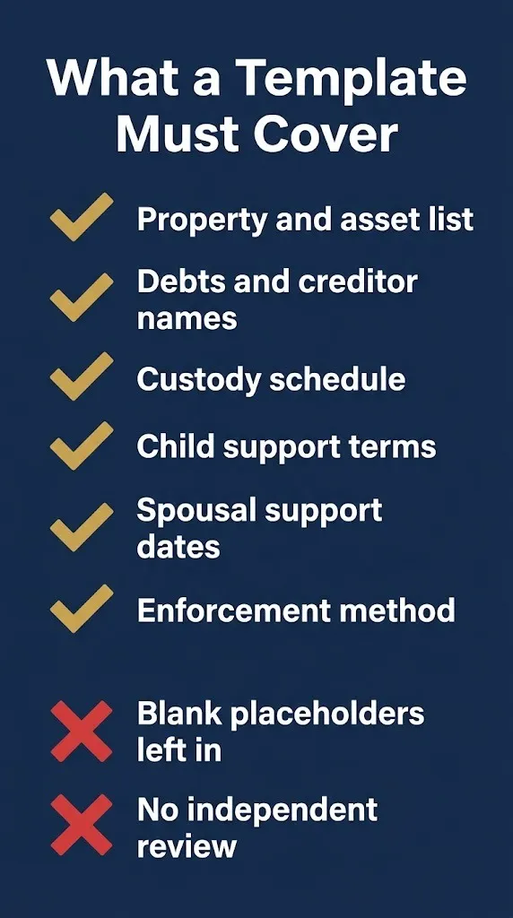 Checklist of what a marital settlement agreement template must cover in 2026.