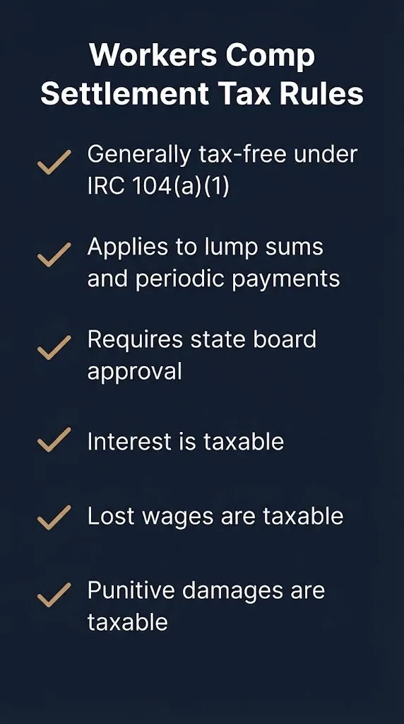 Checklist of workers comp settlement tax rules showing what is taxable and tax-exempt.