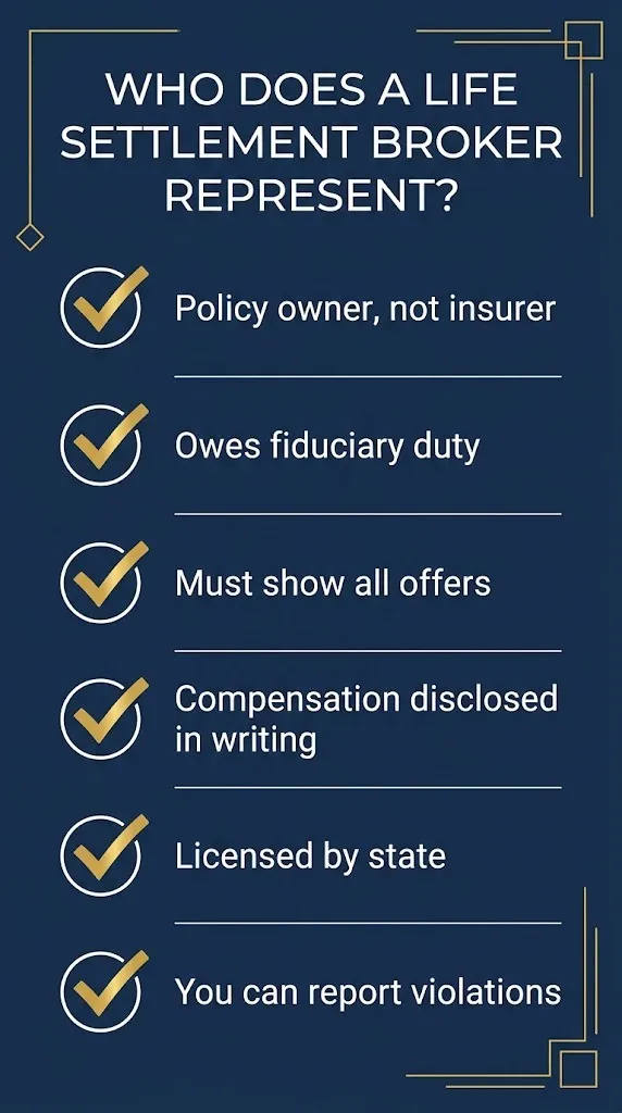 Checklist showing a life settlement broker represents the policy owner, not the buyer.