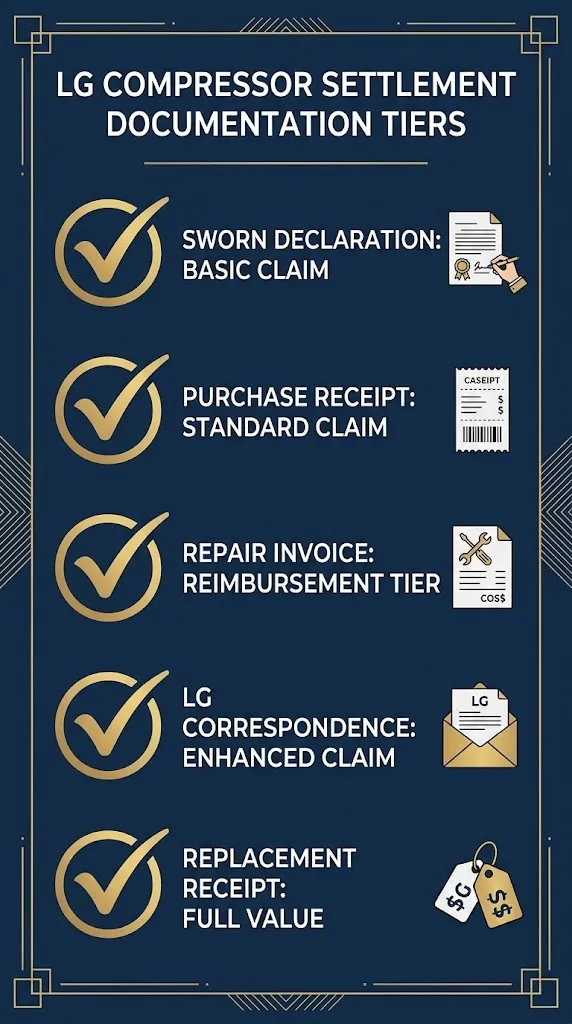 Checklist showing documentation tiers for LG compressor lawsuit settlement claims.