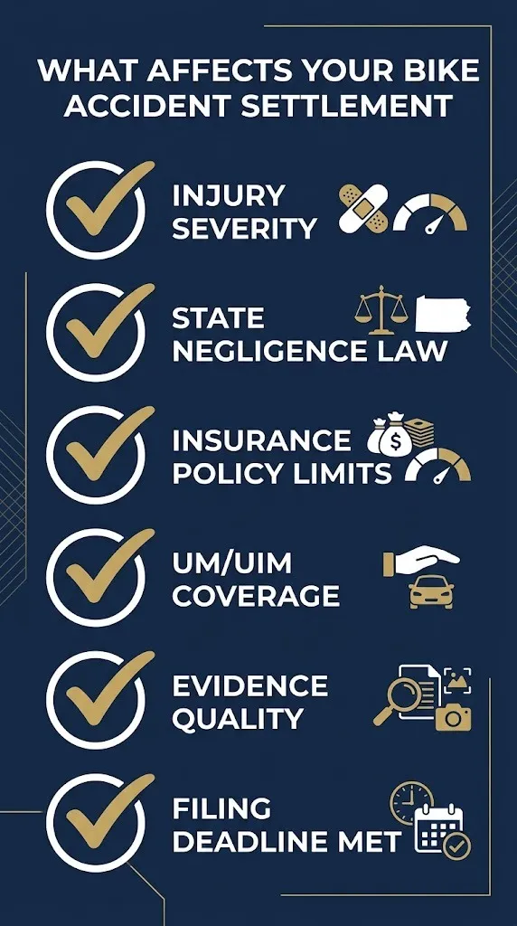 Checklist showing factors affecting bike accident compensation including state law and insurance.