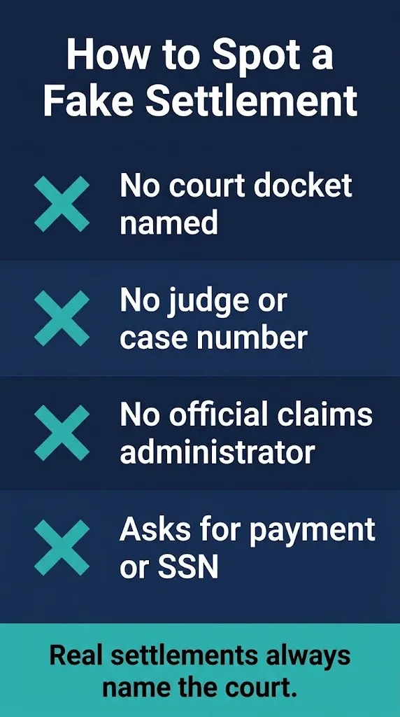 Checklist showing four signs of a fake Cadron Settlement Park claim page, including no docket and no administrator.
