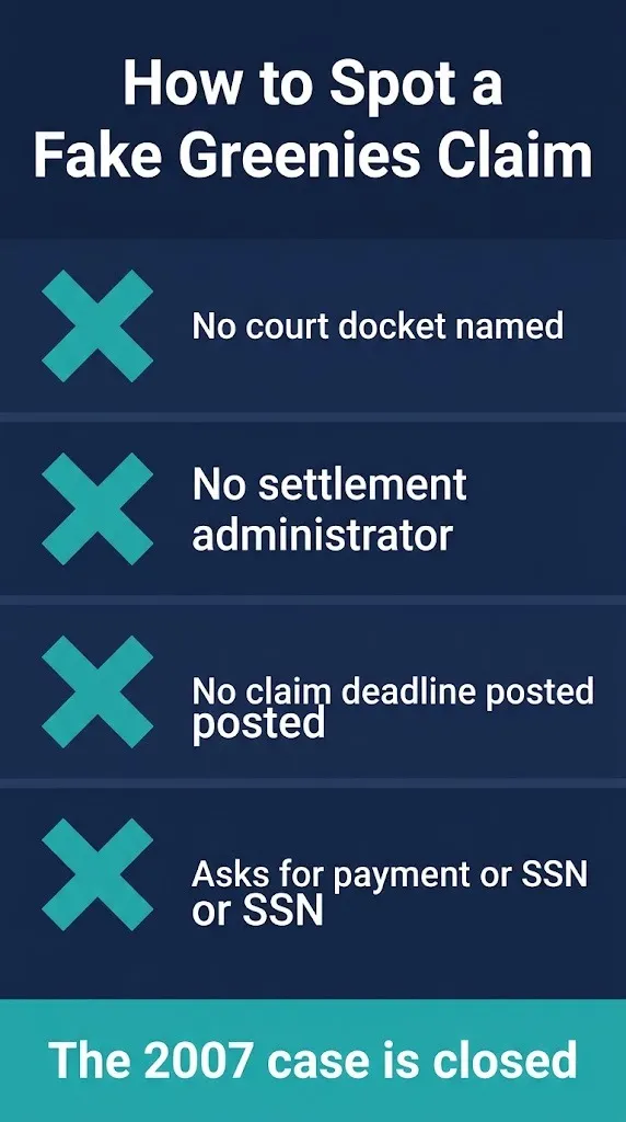 Checklist showing four signs of a fake Greenies settlement claim page, including no docket and no administrator.