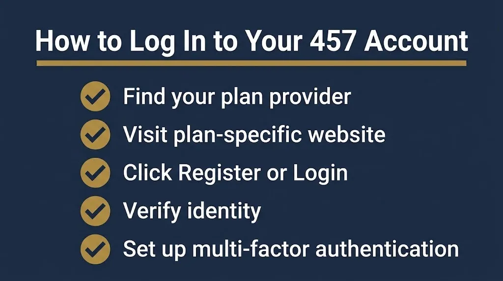 Checklist showing how to log in to a deferred compensation 457 account in 2026.
