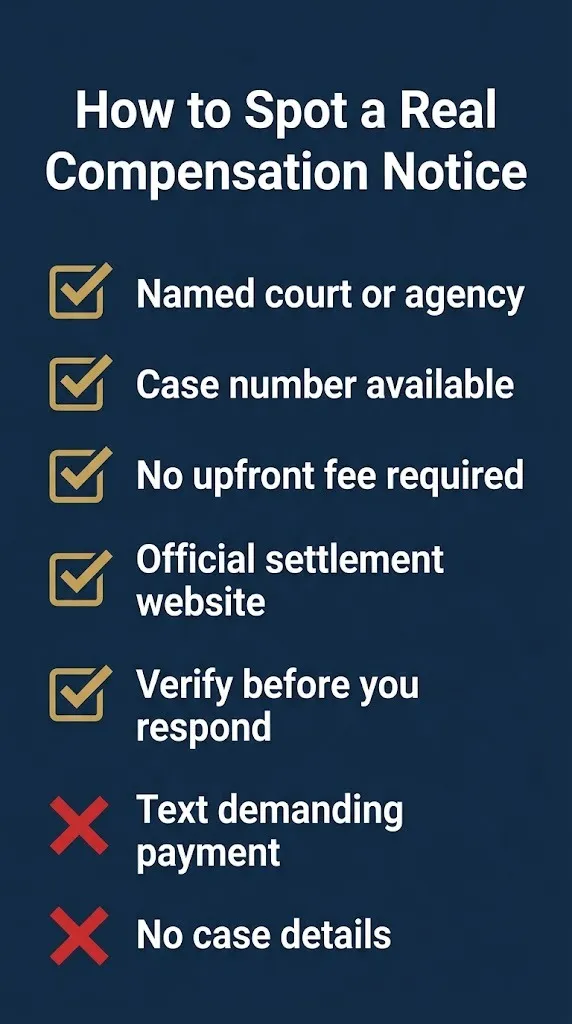Checklist showing how to spot a real you may be entitled to compensation notice.