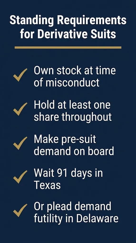 Checklist showing standing requirements for filing a shareholder derivative lawsuit.