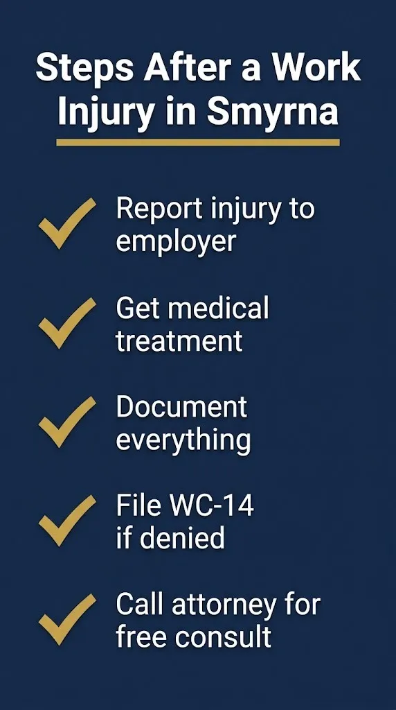 Checklist showing steps after a work injury in Smyrna, Georgia, for workers compensation claims.