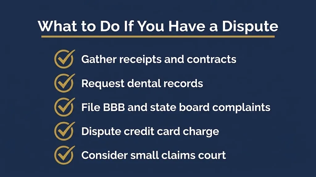 Checklist showing steps for Affordable Dentures patient disputes and refund requests.