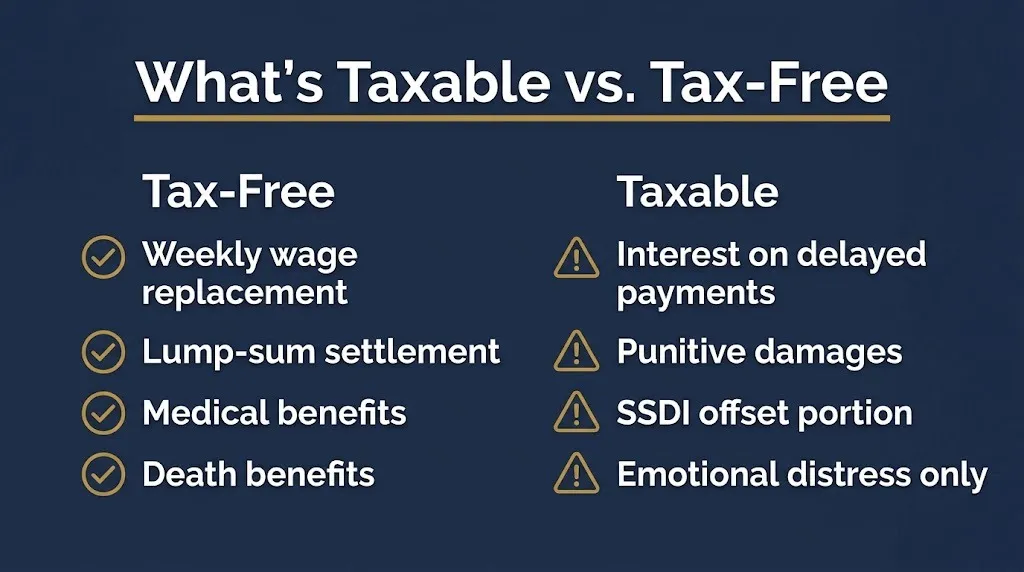 Checklist showing taxable vs tax-free workers compensation benefits in 2026.