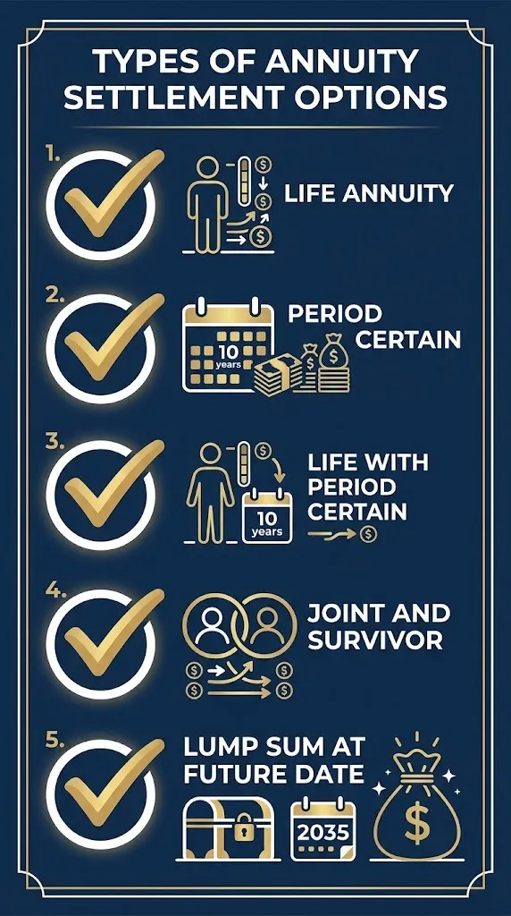 Checklist showing types of annuity settlement options including life and period certain.
