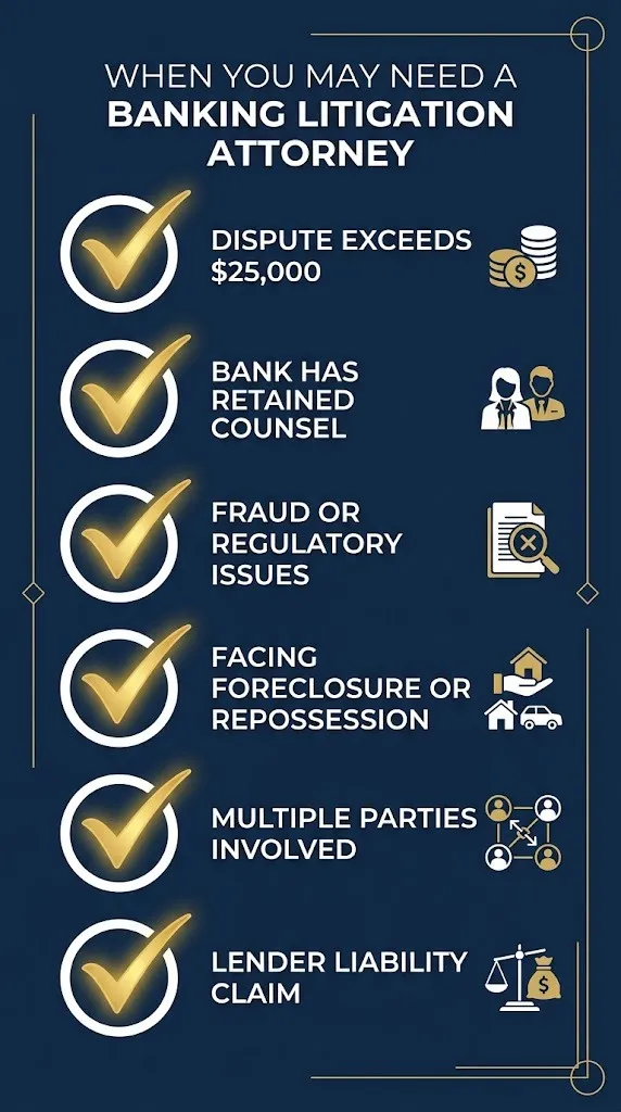 Checklist showing when you may need a banking litigation attorney for disputes.