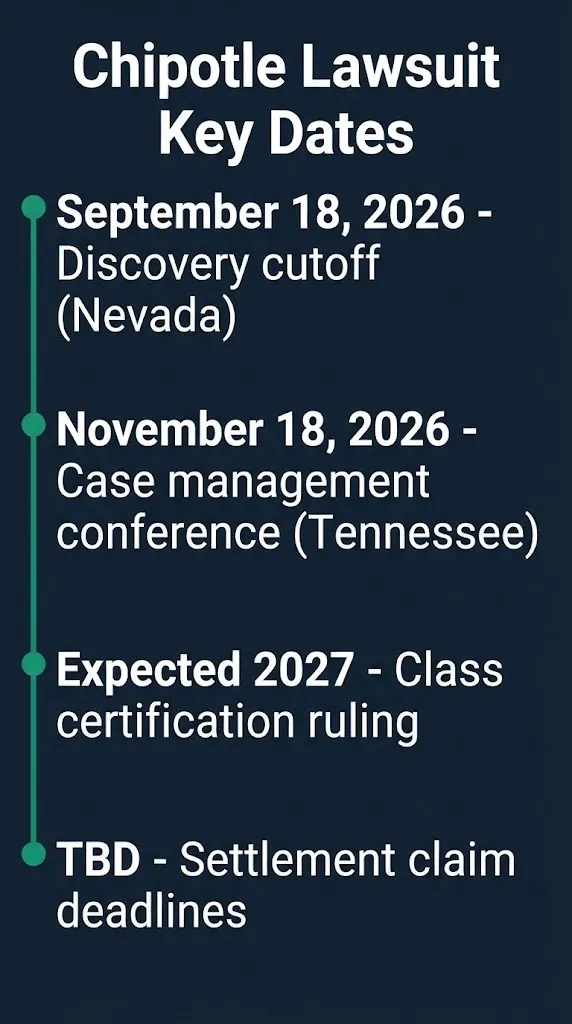 Chipotle lawsuit 2026 key dates timeline showing court deadlines and expected milestones.