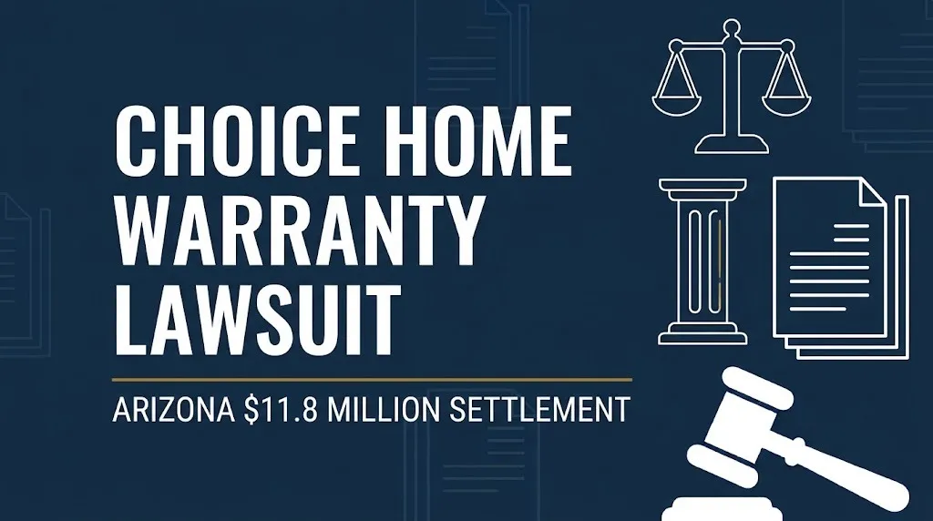 Choice Home Warranty lawsuit banner showing the Arizona $11.8 million settlement with legal symbols.