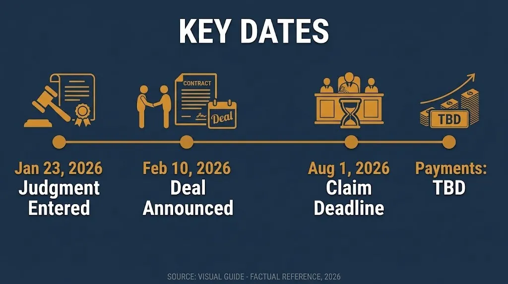Choice Home Warranty lawsuit timeline judgment Jan 23, 2026, announcement Feb 10, claim deadline Aug 1, payments TBD.