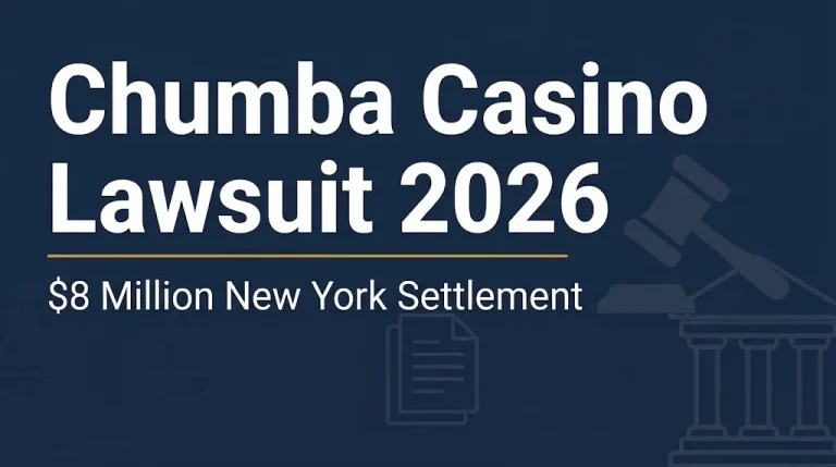 Chumba Casino lawsuit 2026 banner showing $8 million New York settlement.