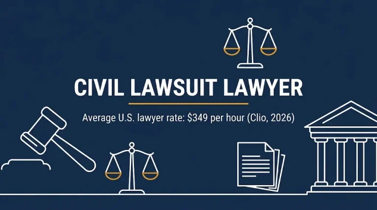 Civil lawsuit lawyer 2026 banner showing the $349 average hourly rate beside a gavel and scales.
