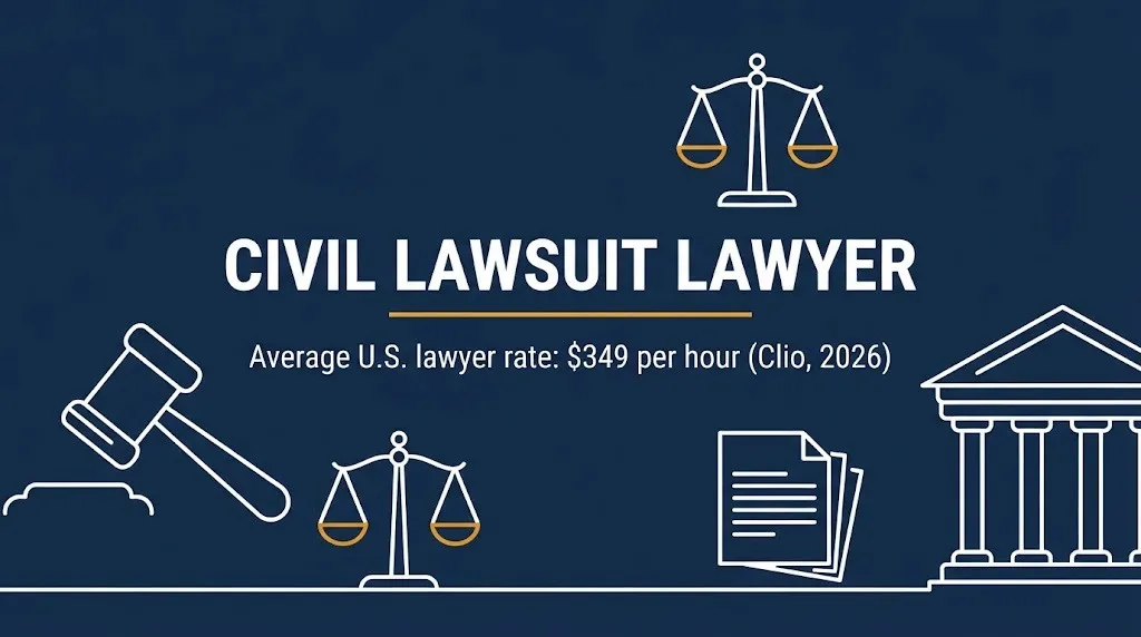 Civil lawsuit lawyer 2026 banner showing the $349 average hourly rate beside a gavel and scales.
