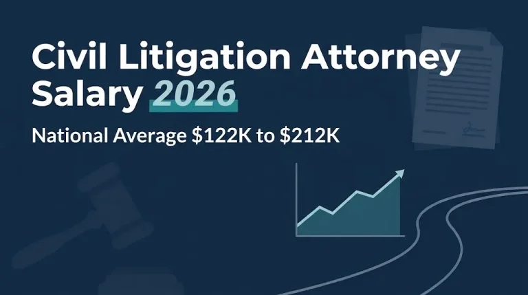Civil litigation attorney salary 2026 banner showing national average range of $122K to $212K.