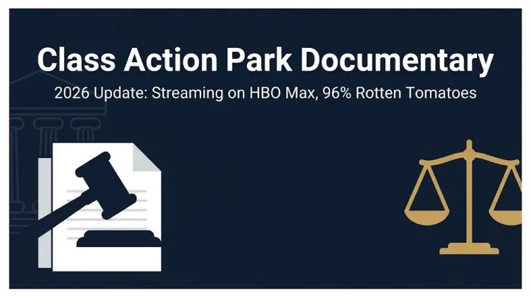 Class Action Park documentary 2026 banner with gavel icon and streaming information.