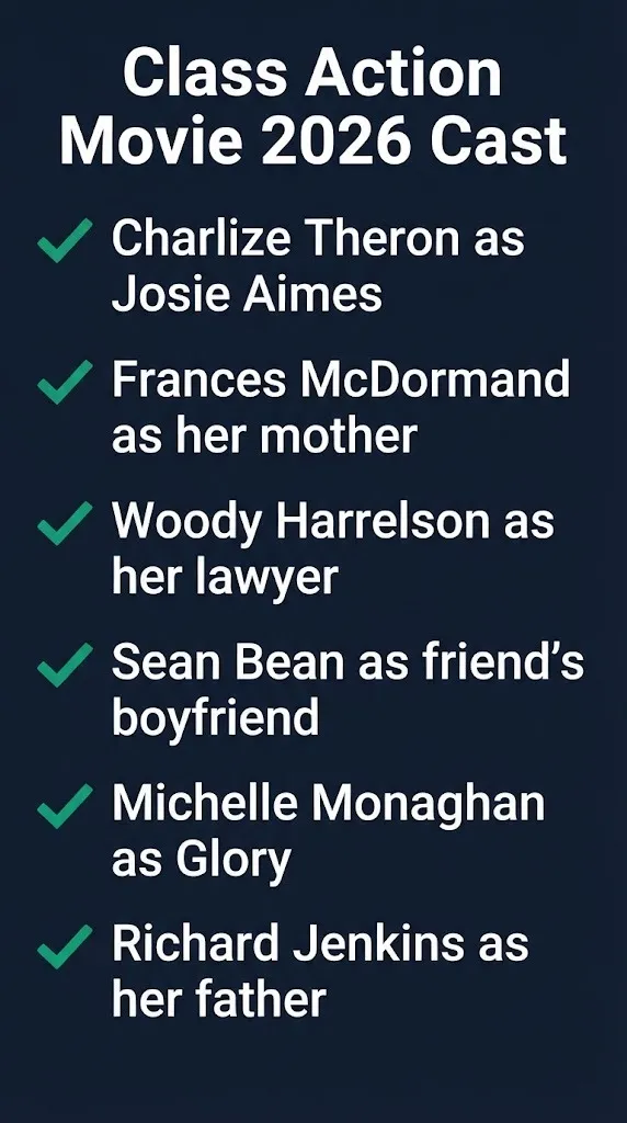 Class Action movie 2026 cast list graphic showing Charlize Theron, Frances McDormand, and Woody Harrelson.