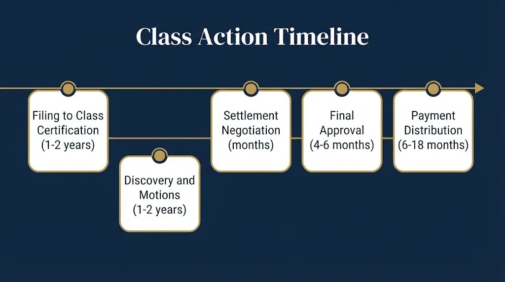 Class action lawsuit timeline showing filing discovery settlement approval and payment stages