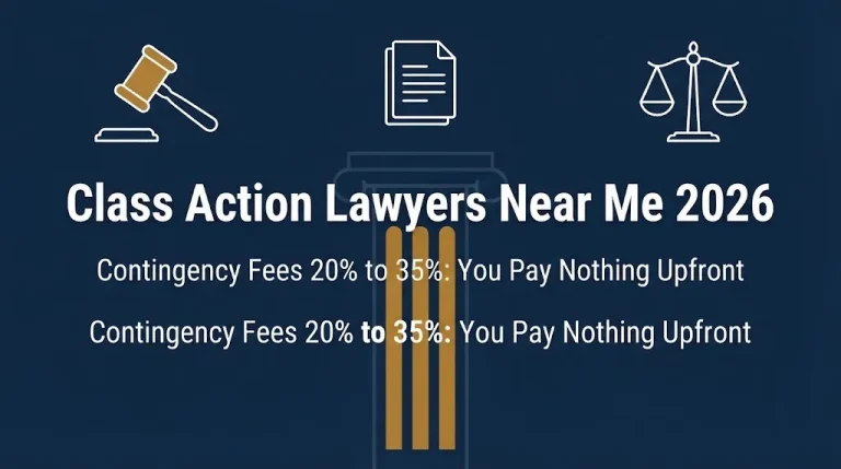 Class action lawyers near me 2026 banner with contingency fee range and legal symbolism design.
