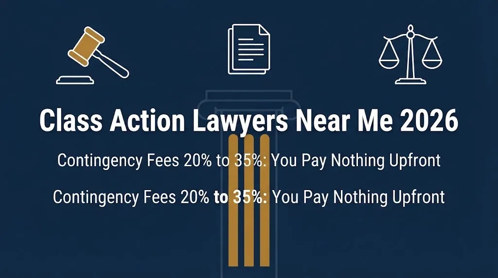 Class action lawyers near me 2026 banner with contingency fee range and legal symbolism design.