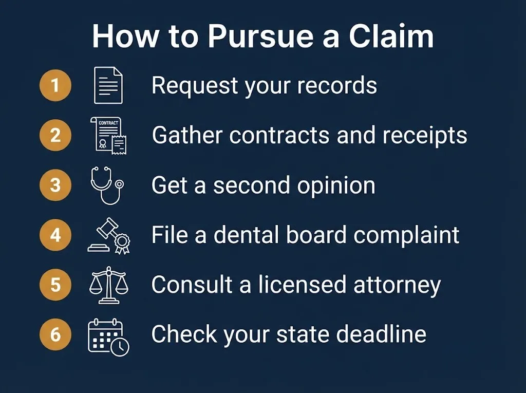 Clear choice dental lawsuit steps request records, gather receipts, get a second opinion, file a complaint