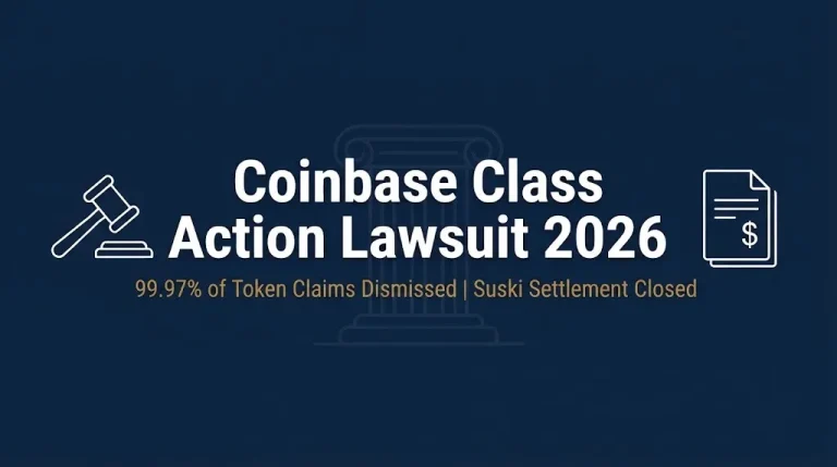Coinbase class action lawsuit 2026 banner showing token claims dismissed and Suski settlement closed.