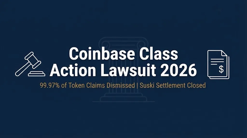 Coinbase class action lawsuit 2026 banner showing token claims dismissed and Suski settlement closed.
